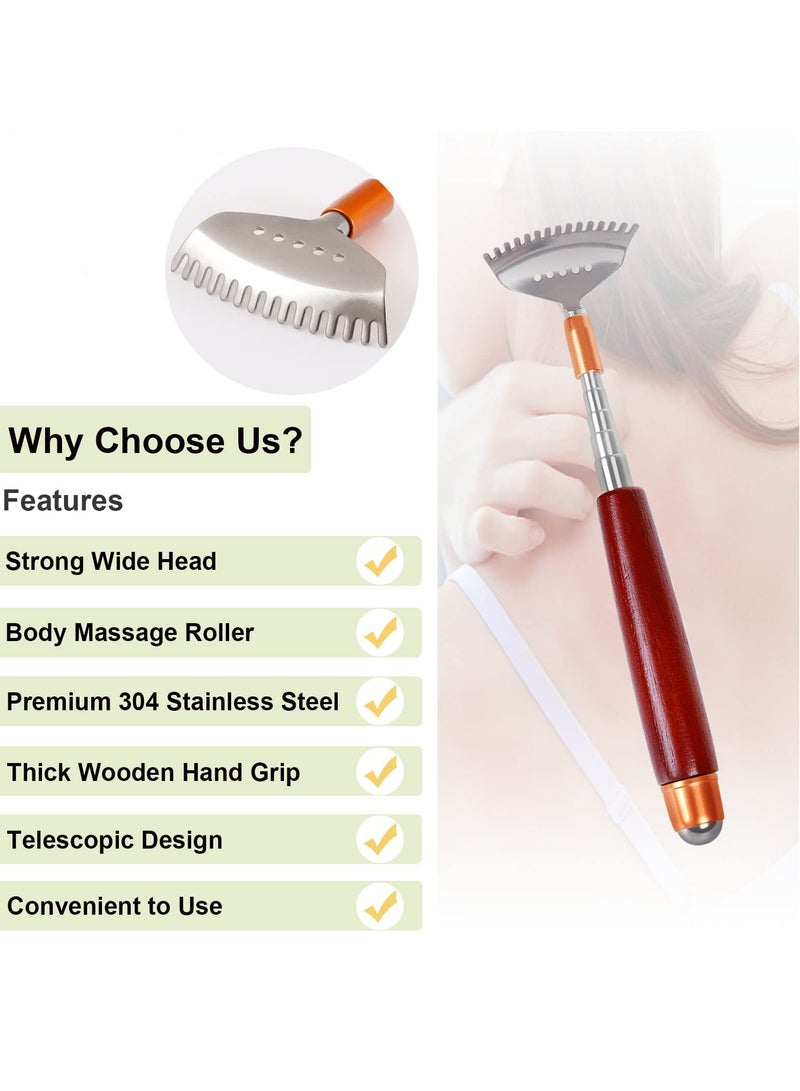 Back Scratcher, Telescopic Back-Scratcher for Women Men with Long Wooden Handle-Massage Roller-Steel Claw, Portable Back Massager for Head Scalp Face Foot Scratching - Image 3
